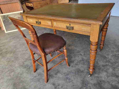 Antique Edwardian 2 drawer writing table desk turned legs castors