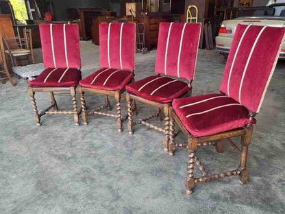 4 vintage 20thC oak barley twist bergere dining chairs padded