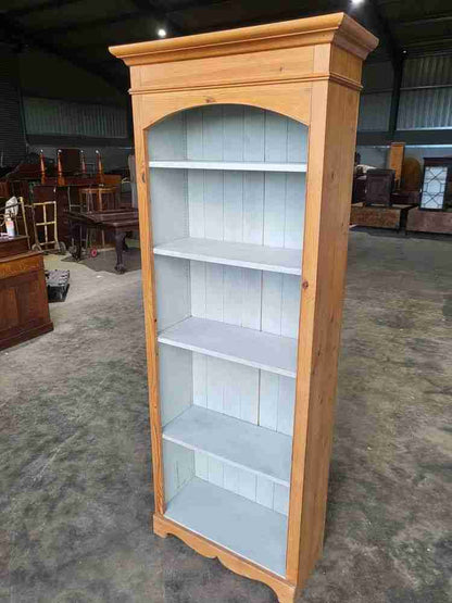 20thC pine tall slim open bookcase painted interior shelves