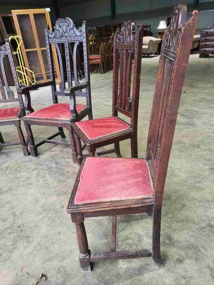 Antique carved oak high back dining chairs 18thC style