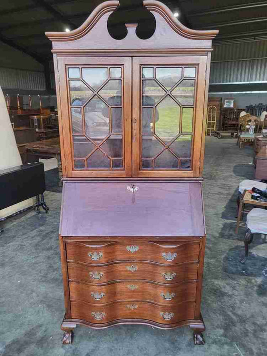 Antique repro serpentine glazed bookcase bureau desk drawers