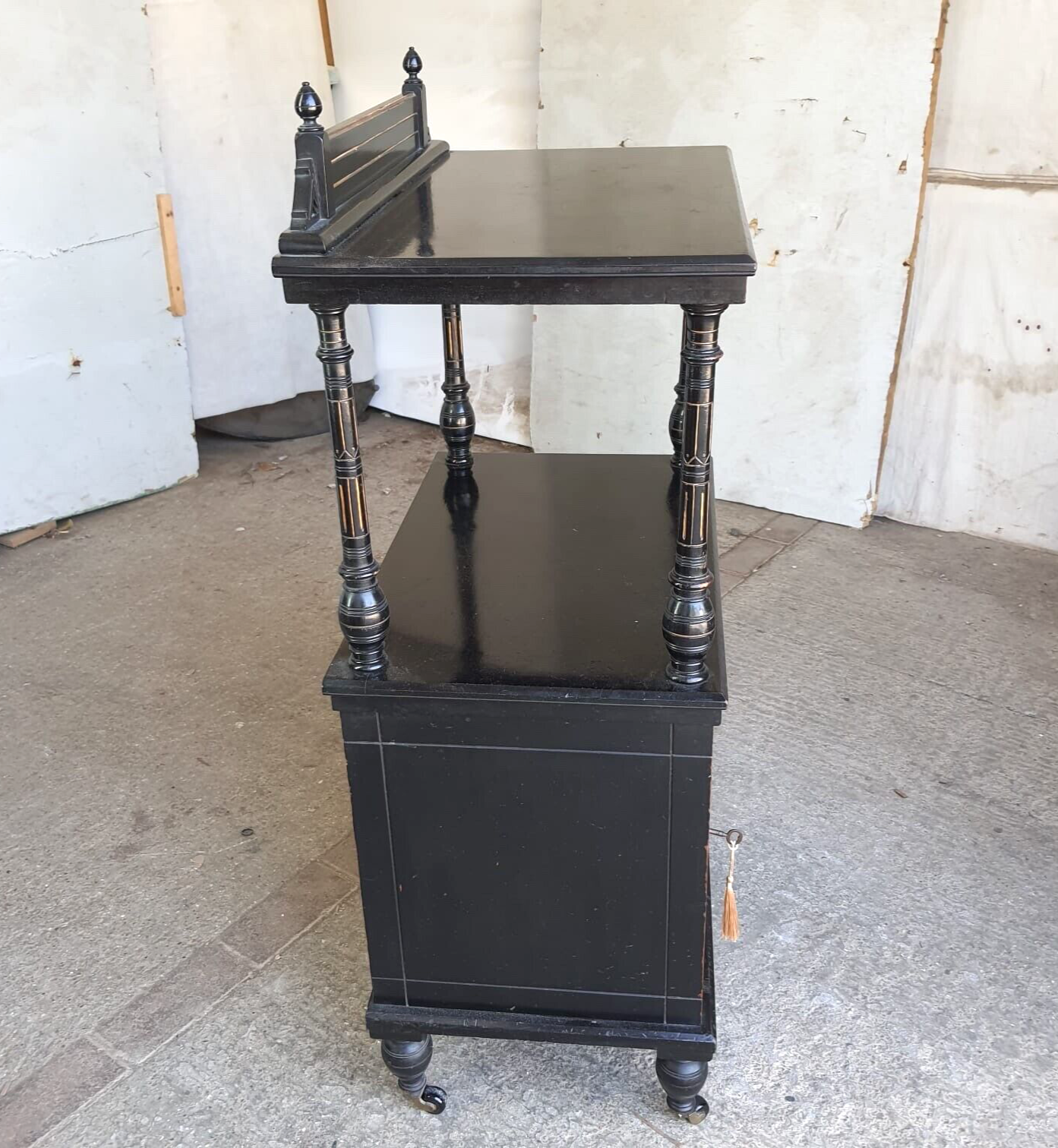 Antique 2 Tier Ebonised Victorian One Door Cabinet Shelves Turned Legs Castors