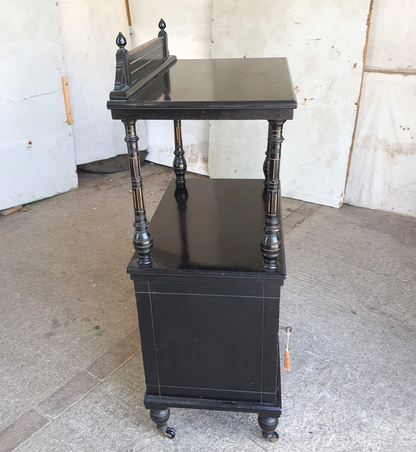 Antique 2 Tier Ebonised Victorian One Door Cabinet Shelves Turned Legs Castors