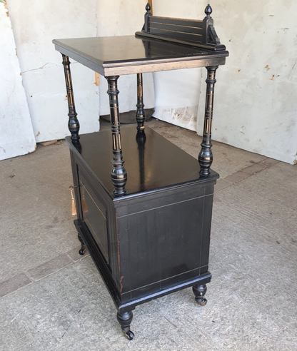Antique 2 Tier Ebonised Victorian One Door Cabinet Shelves Turned Legs Castors