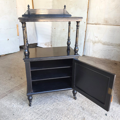 Antique 2 Tier Ebonised Victorian One Door Cabinet Shelves Turned Legs Castors
