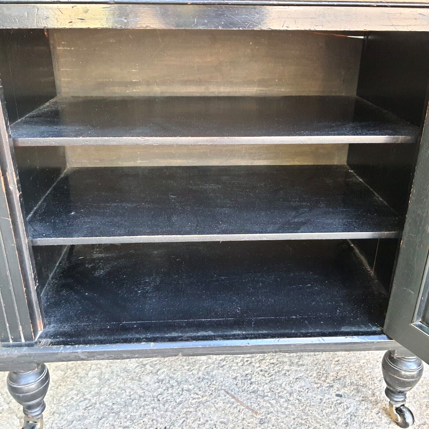 Antique 2 Tier Ebonised Victorian One Door Cabinet Shelves Turned Legs Castors