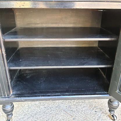 Antique 2 Tier Ebonised Victorian One Door Cabinet Shelves Turned Legs Castors