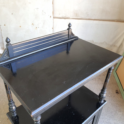 Antique 2 Tier Ebonised Victorian One Door Cabinet Shelves Turned Legs Castors