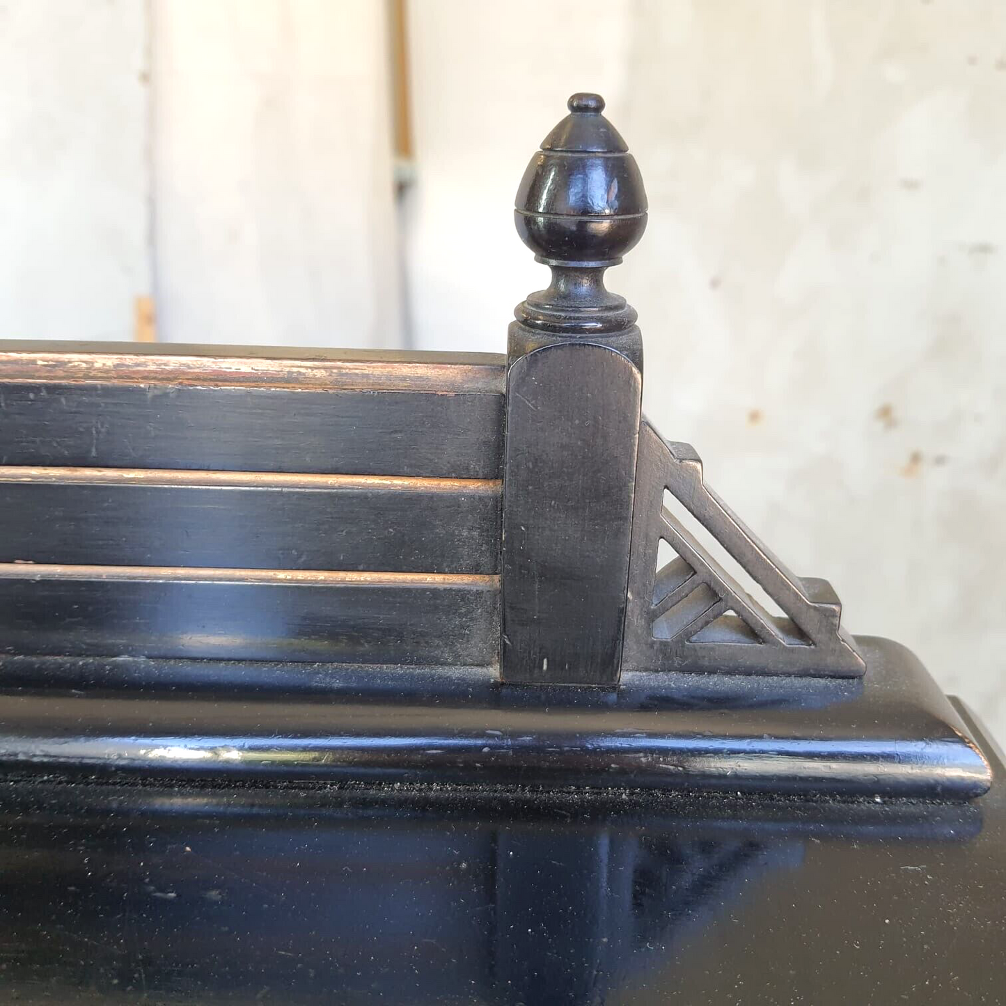 Antique 2 Tier Ebonised Victorian One Door Cabinet Shelves Turned Legs Castors