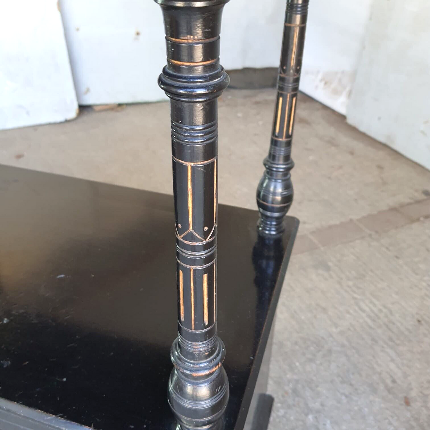 Antique 2 Tier Ebonised Victorian One Door Cabinet Shelves Turned Legs Castors