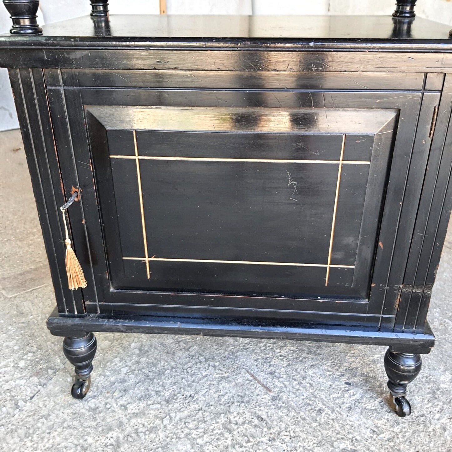Antique 2 Tier Ebonised Victorian One Door Cabinet Shelves Turned Legs Castors