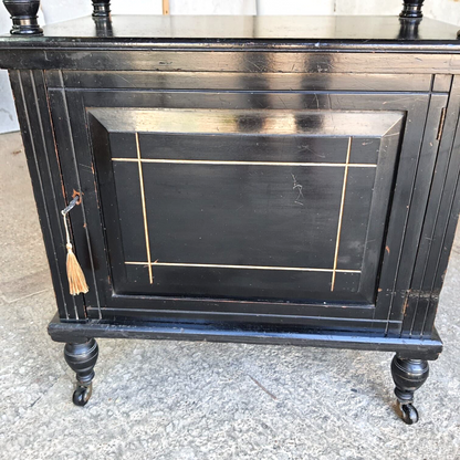 Antique 2 Tier Ebonised Victorian One Door Cabinet Shelves Turned Legs Castors