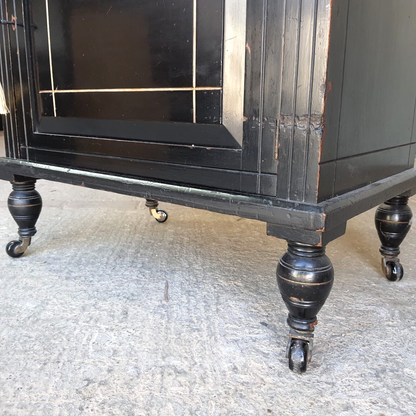 Antique 2 Tier Ebonised Victorian One Door Cabinet Shelves Turned Legs Castors