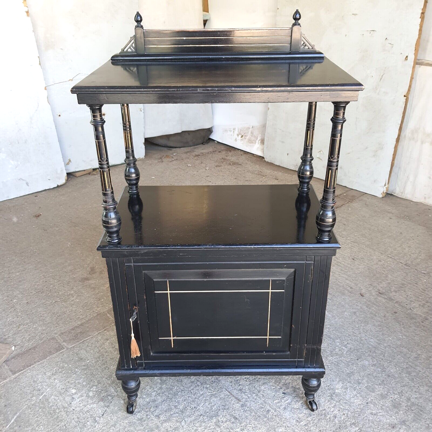 Antique 2 Tier Ebonised Victorian One Door Cabinet Shelves Turned Legs Castors