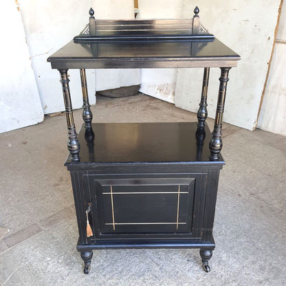 Antique 2 Tier Ebonised Victorian One Door Cabinet Shelves Turned Legs Castors