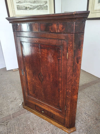 Antique Georgian Oak Large Corner Cabinet Drawer Curved Shelves Cupboard