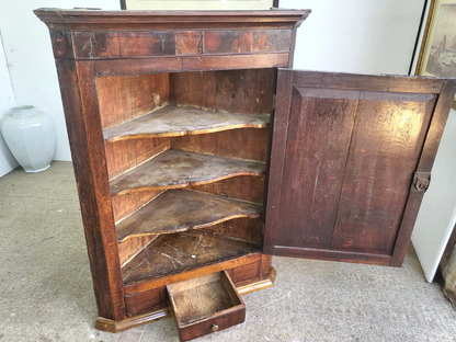 Antique Georgian Oak Large Corner Cabinet Drawer Curved Shelves Cupboard