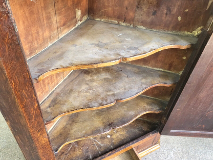 Antique Georgian Oak Large Corner Cabinet Drawer Curved Shelves Cupboard