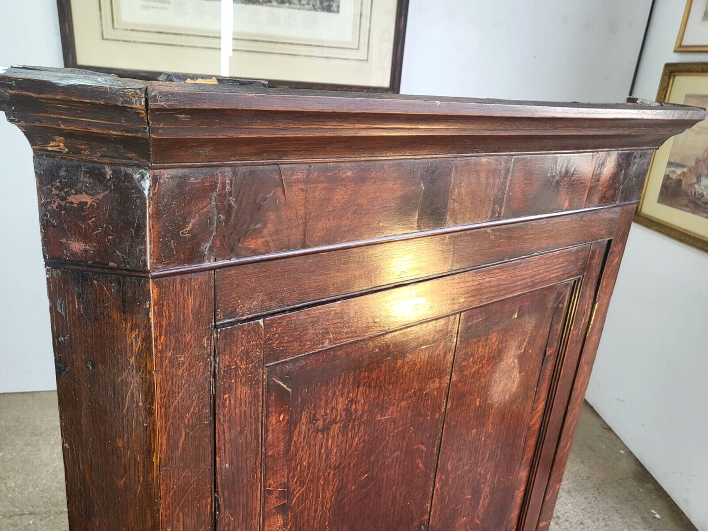 Antique Georgian Oak Large Corner Cabinet Drawer Curved Shelves Cupboard