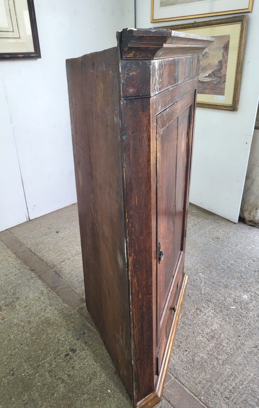 Antique Georgian Oak Large Corner Cabinet Drawer Curved Shelves Cupboard