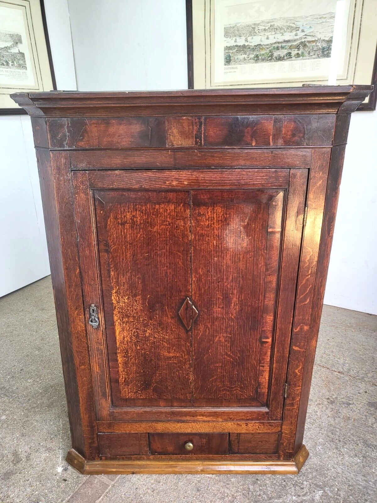 Antique Georgian Oak Large Corner Cabinet Drawer Curved Shelves Cupboard