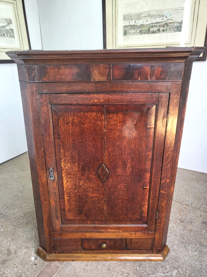 Antique Georgian Oak Large Corner Cabinet Drawer Curved Shelves Cupboard