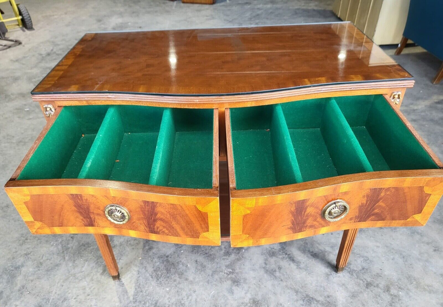 Antique Repro French Inlaid 2 Tier Serpentine Sideboard Server Cutlery Drawers