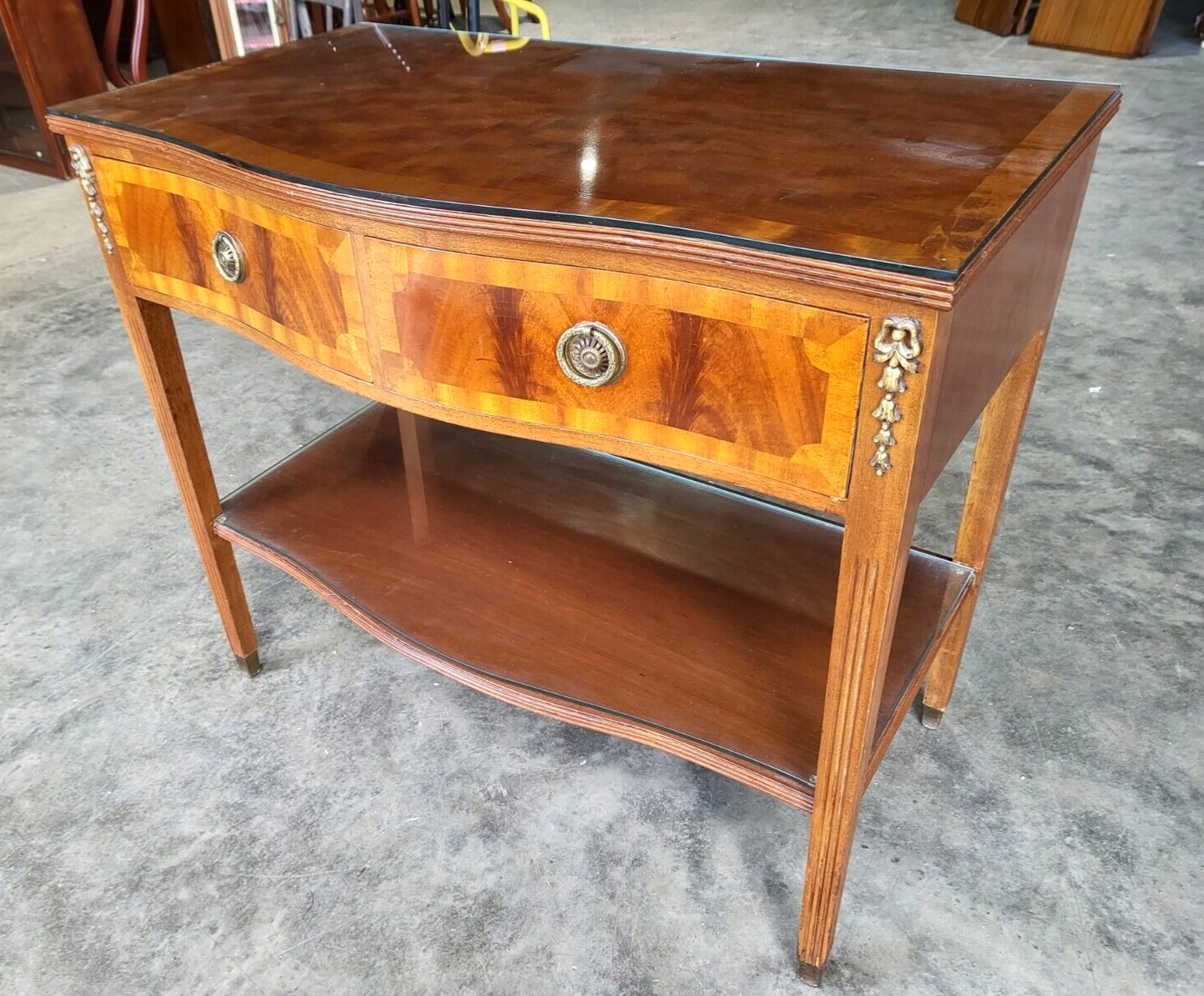 Antique Repro French Inlaid 2 Tier Serpentine Sideboard Server Cutlery Drawers