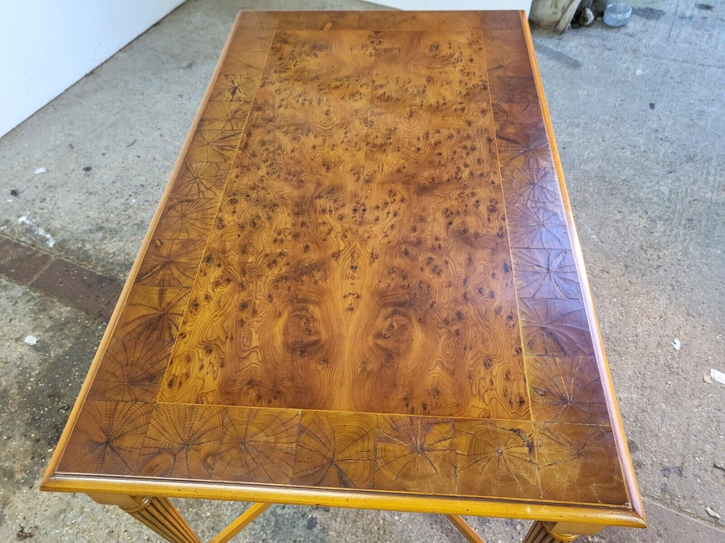 Antique Repro Reprodux Yew Walnut Coffee Table Reeded Tapered Legs Peg Feet