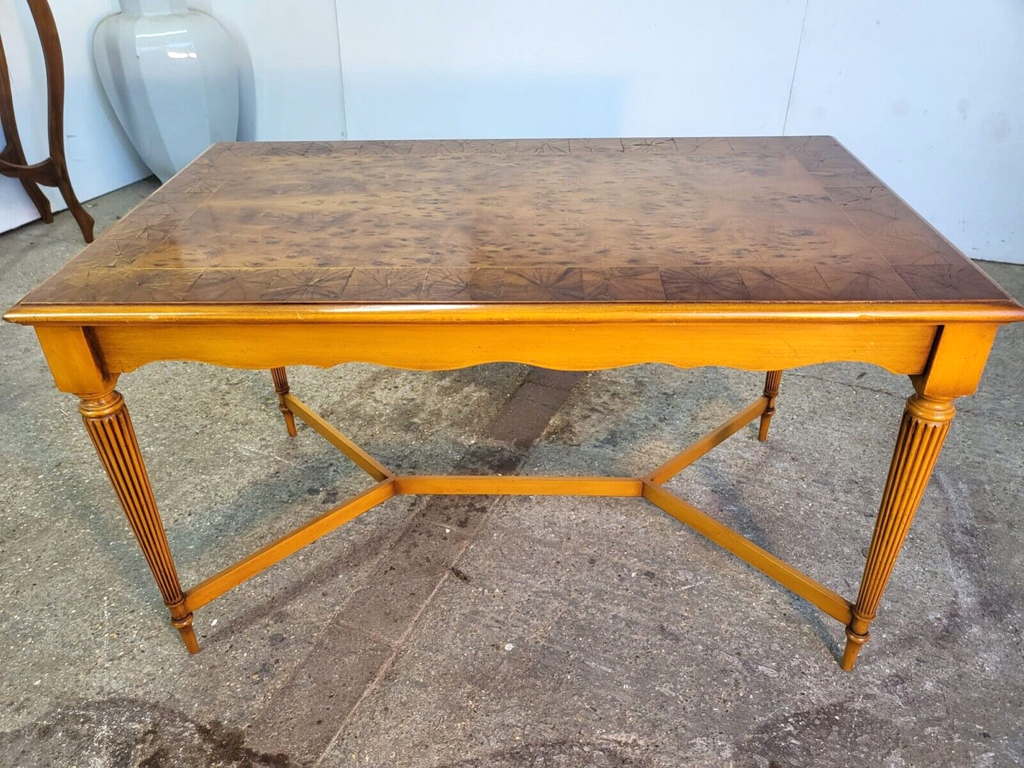 Antique Repro Reprodux Yew Walnut Coffee Table Reeded Tapered Legs Peg Feet