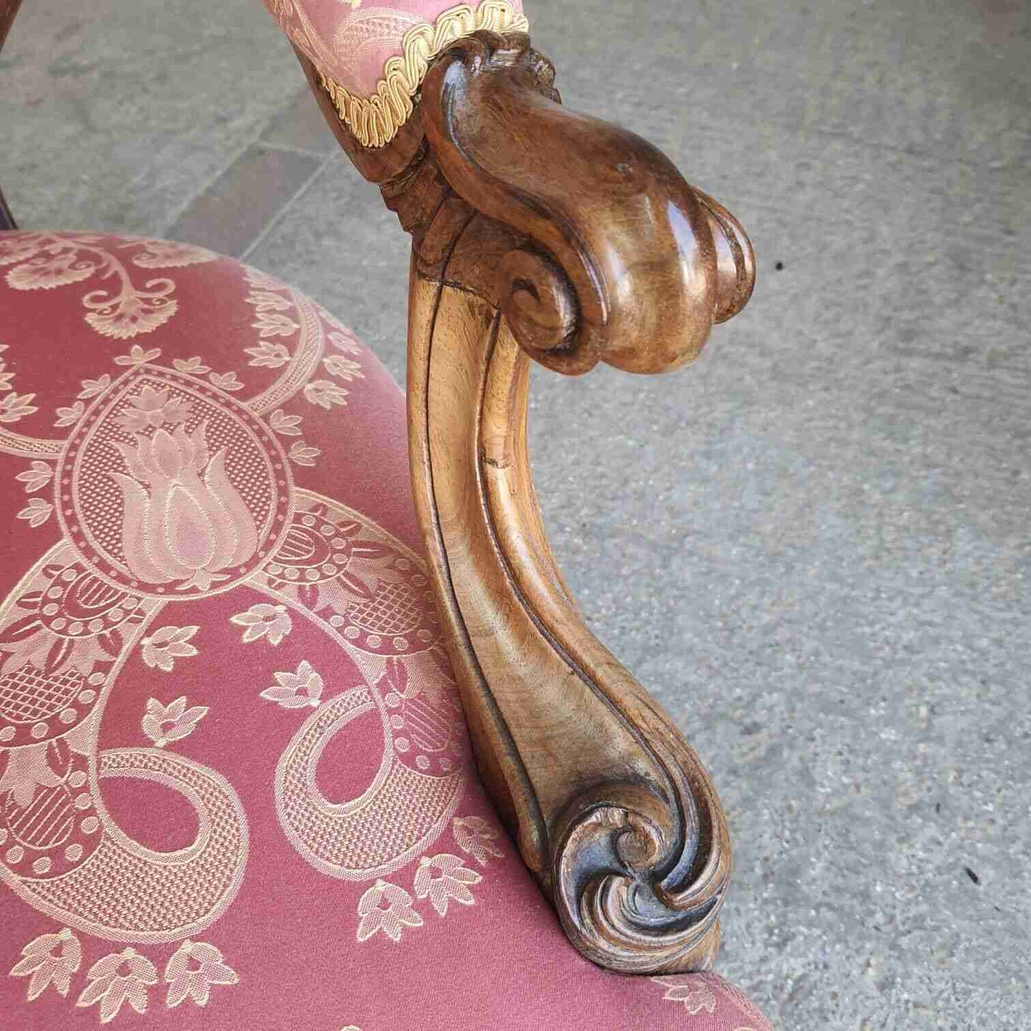 Antique Victorian Carved Walnut Red Fabric Spoon Back Armchair Cabriole Legs