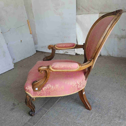 Antique Victorian Carved Walnut Red Fabric Spoon Back Armchair Cabriole Legs