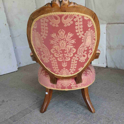 Antique Victorian Carved Walnut Red Fabric Spoon Back Armchair Cabriole Legs