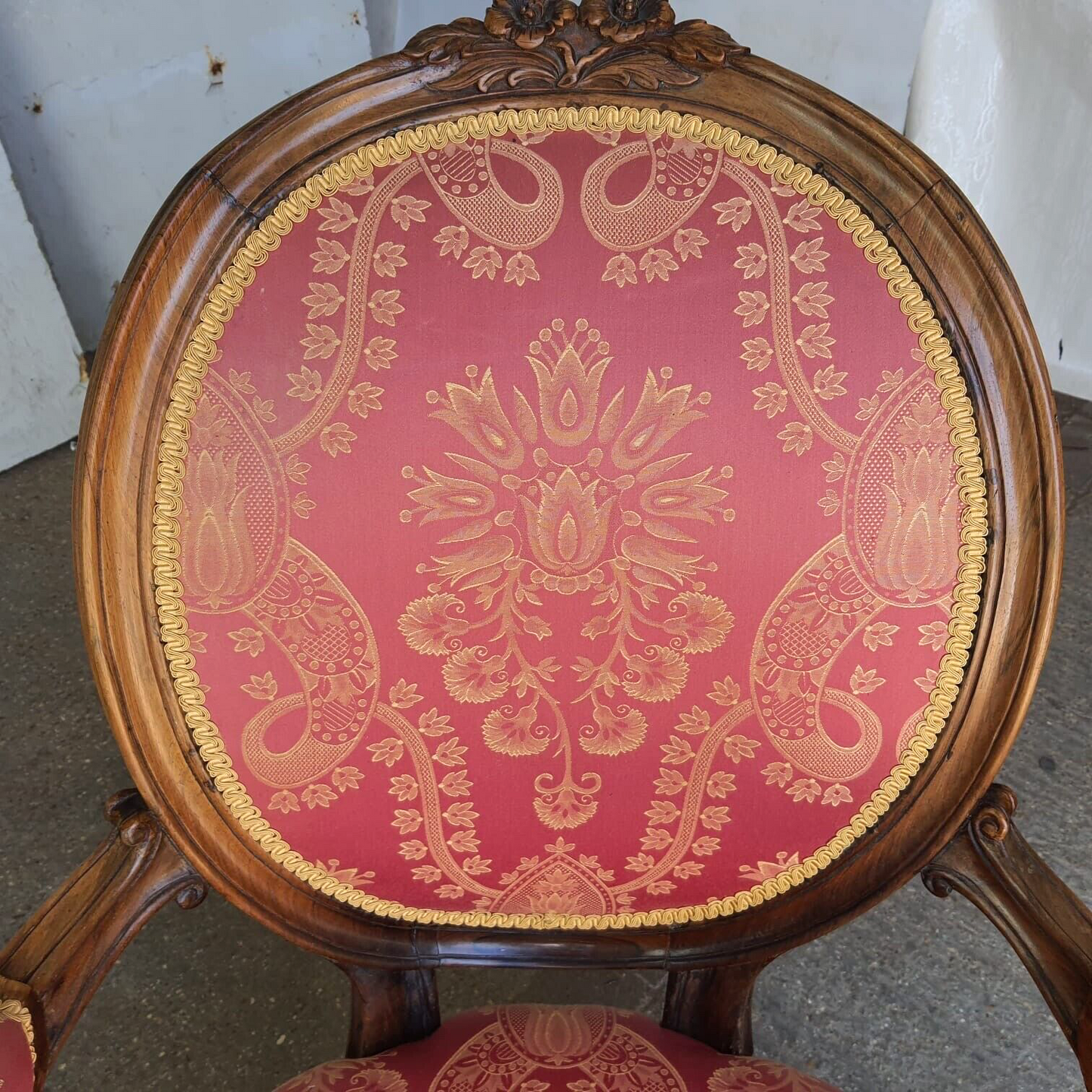 Antique Victorian Carved Walnut Red Fabric Spoon Back Armchair Cabriole Legs