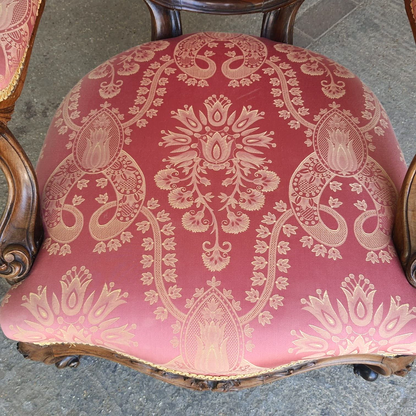 Antique Victorian Carved Walnut Red Fabric Spoon Back Armchair Cabriole Legs