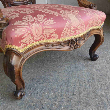 Antique Victorian Carved Walnut Red Fabric Spoon Back Armchair Cabriole Legs
