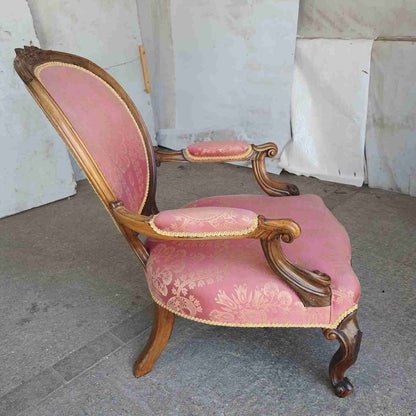 Antique Victorian Carved Walnut Red Fabric Spoon Back Armchair Cabriole Legs
