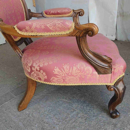 Antique Victorian Carved Walnut Red Fabric Spoon Back Armchair Cabriole Legs