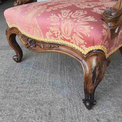 Antique Victorian Carved Walnut Red Fabric Spoon Back Armchair Cabriole Legs