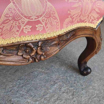 Antique Victorian Carved Walnut Red Fabric Spoon Back Armchair Cabriole Legs