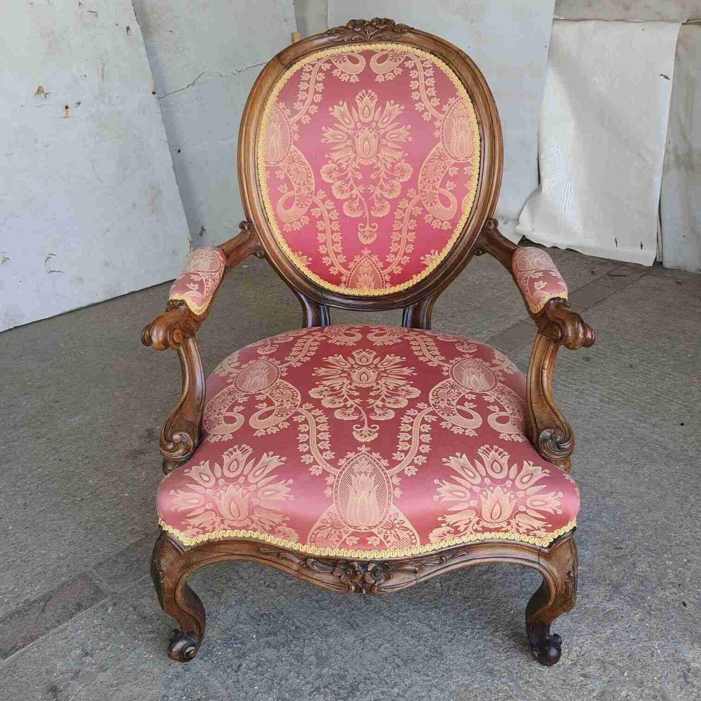 Antique Victorian Carved Walnut Red Fabric Spoon Back Armchair Cabriole Legs