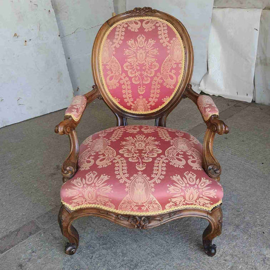 Antique Victorian Carved Walnut Red Fabric Spoon Back Armchair Cabriole Legs