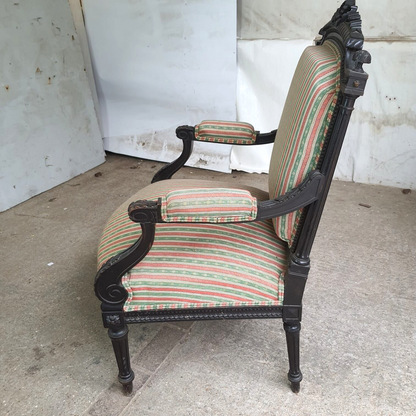 Antique Victorian Ebonised Open Armchair Deep Sprung Carved