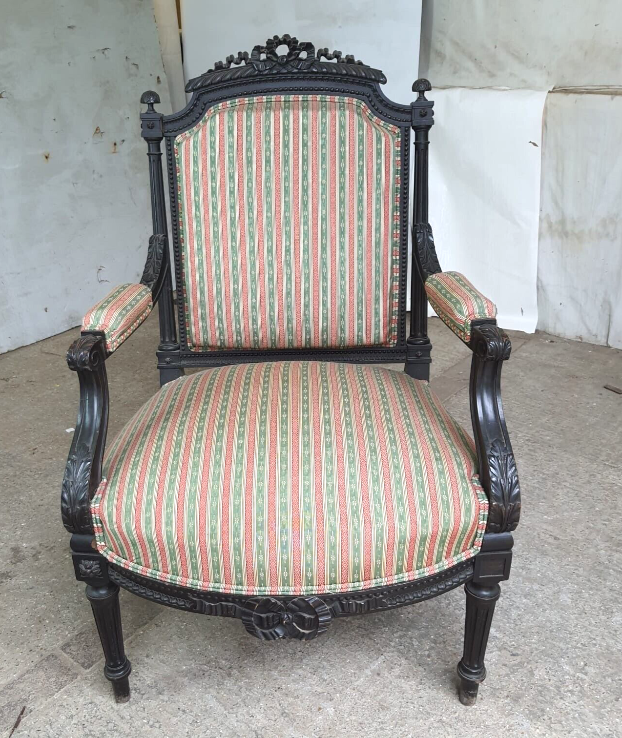 Antique Victorian Ebonised Open Armchair Deep Sprung Carved