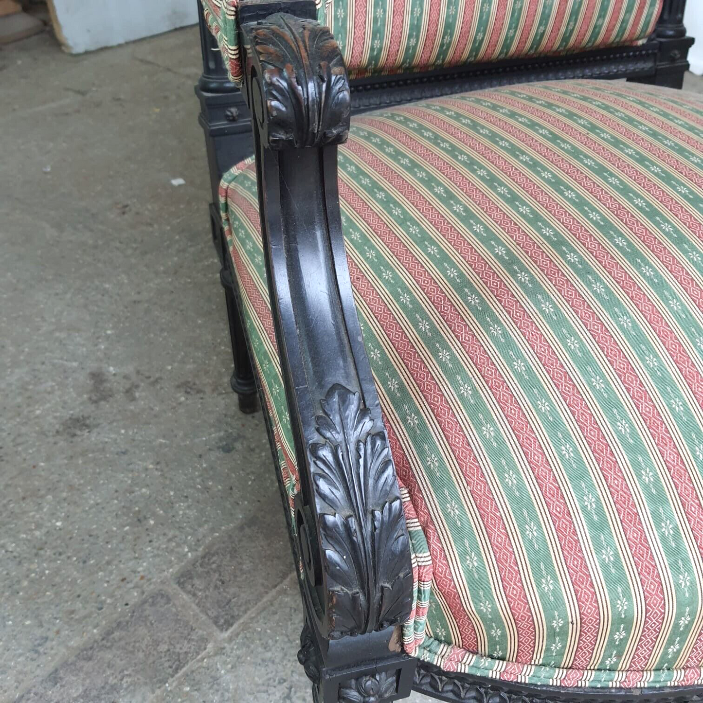 Antique Victorian Ebonised Open Armchair Deep Sprung Carved