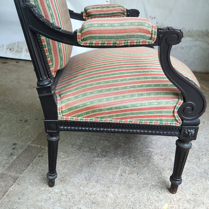 Antique Victorian Ebonised Open Armchair Deep Sprung Carved