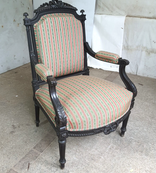 Antique Victorian Ebonised Open Armchair Deep Sprung Carved
