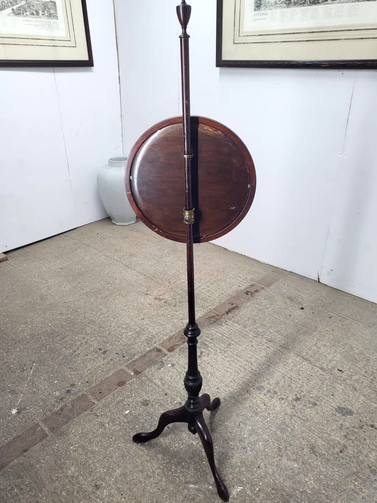 Antique Victorian Mahogany Ladies Round Pole Stand Fire Stand Needlework Woman
