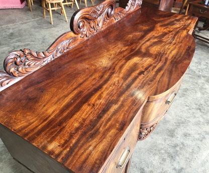 Antique William IV Mahogany Bow Break Front Carved Sideboard Wine Rack Drawers