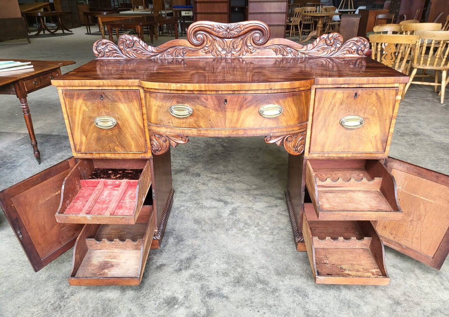 Antique William IV Mahogany Bow Break Front Carved Sideboard Wine Rack Drawers
